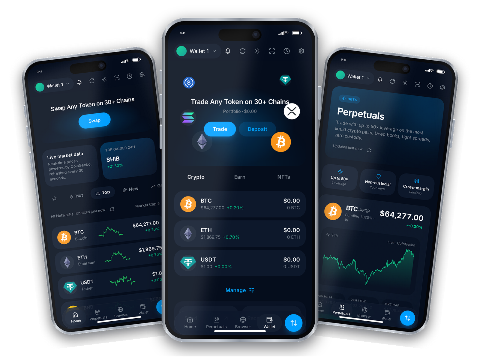 Axxion Wallet app on three phones showing the markets list, portfolio dashboard and perpetuals screen