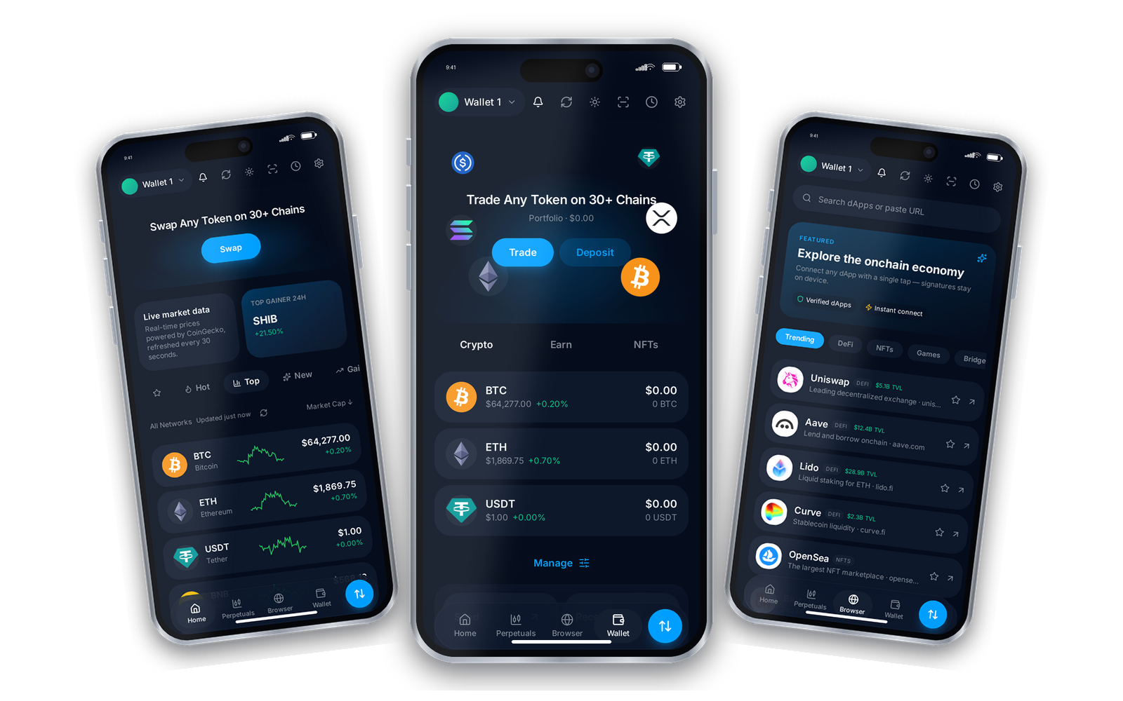 Axxion Wallet swap, portfolio and dApp browser screens shown on three smartphones